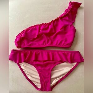 NWOT!  Shoshanna one shoulder bikini in hot pink with ruffle.  Size Large.